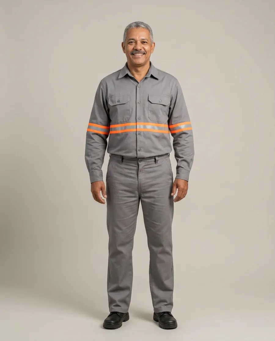 Camisa de Brim Cinza com Faixa Refletiva